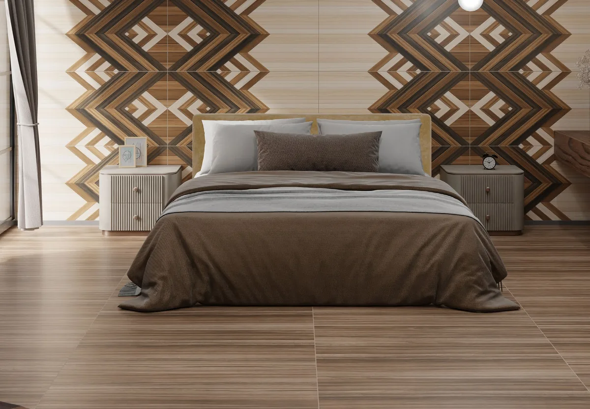 Dormitorio con piso de apariencia madera y cabecera con diseño geométrico.